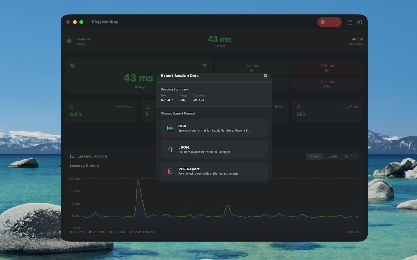 Ping Monkey Export - Export session data to CSV, JSON, or PDF